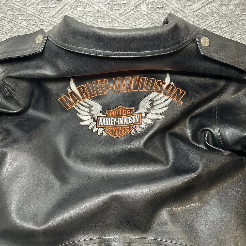 00s Harley Davidson Motor Cycles Faux Leather Motor Cycle Jacket Sz L 16-18 kids